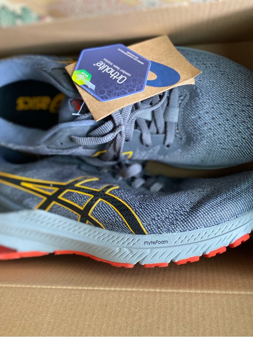 Asics Ortholite SneakersGray with Yellow Logo and Coral Outsole Running Shoes
